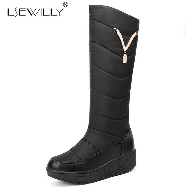 

lsewilly 2020 snow boots зимы женщин warm платформы обувь моды металлические украшения водонепроницаемый нескользящей клинья колено высокие, Black
