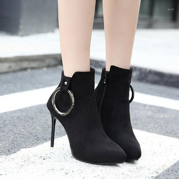 

boots 10cm women's high heels botas stiletto nude ring pointed toe short european and american style1, Black
