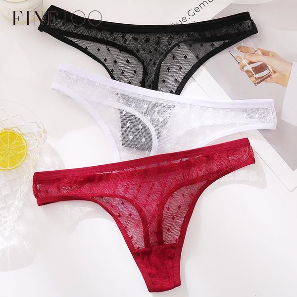 

women's panties finetoo lace thongs women 3pcs/set transparent g-string dots t-back underwear fashion female underpants -xl, Black;pink