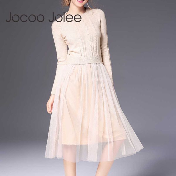 

jocoo jolee autumn winter dress elegant ladies o neck long sleeve sweater knitted midi dress high elstic mesh warm women dress 201102, Black;gray