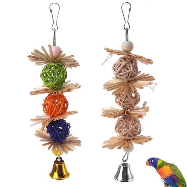 

1pc colorful parrot chew strands bite teeth griding ball bell attractive bird parakeet toys natural straw bird supplies pet toy