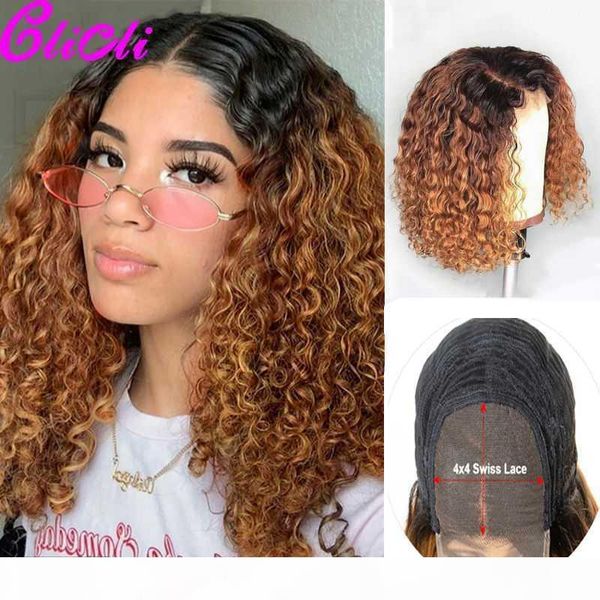 

13x4 deep curly wig lace frontal wigs brazilian human hair bob closure wig 4x4 curly ombre honey blonde human hair remy 150%, Black;brown