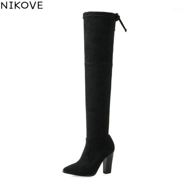 

nikove 2020 over the knee boots zip pointed toe women boots stretch fabric +real leather skintight lady size 34-391, Black