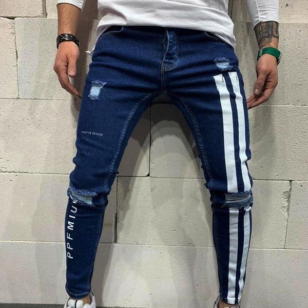 

men skinny denim biker side striped jeans mens ripped ripped pants destroyed hole scratched zipper slim fit jean trousers1, Blue