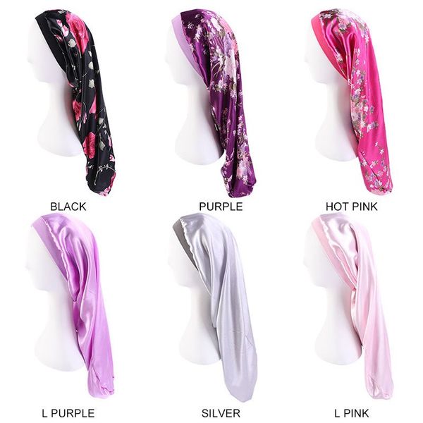 

wide brimmed long tube night caps silk imitation printed elastic sleeping cap hair care hats 16 colors, Blue;gray