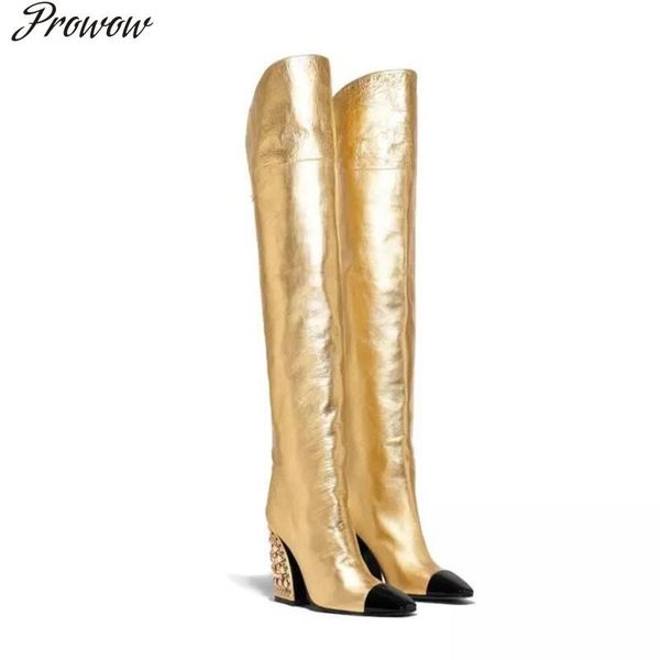 

prowow thigh high boots women rhinestone pearls chunky high heels party shoes woman winter cowboy long boots leather, Black