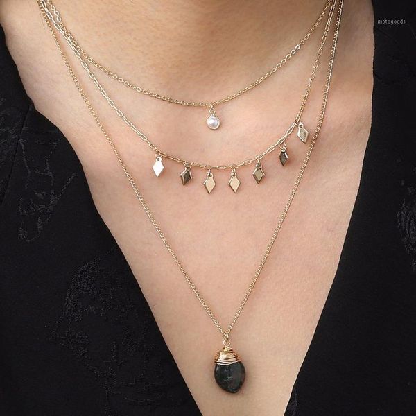 

pendant necklaces retro zircon-shaped tassel natural agates necklace handmade design winding layered for women1, Silver