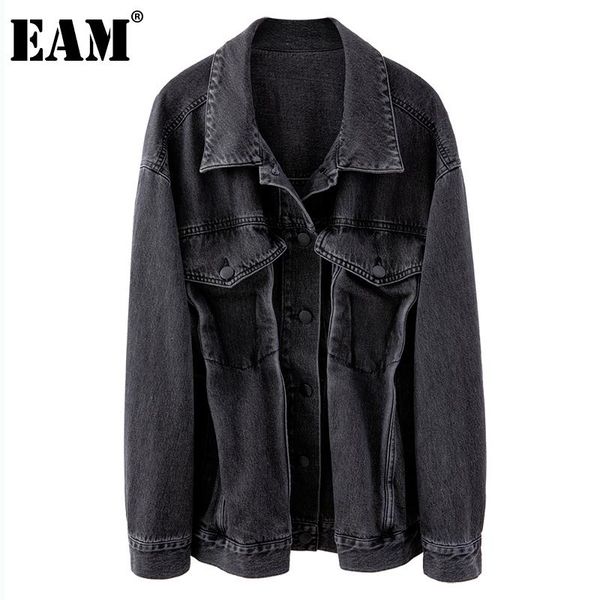 

women's jackets [eam] loose fit gray denim pocket pleated big size jacket lapel long sleeve women coat fashion spring autumn 2021 1dd12, Black;brown
