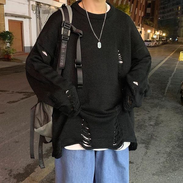 

korean ripped sweater men's fashion retro casual o-neck knitted pullover men loose ripped hole knitting sweaters mens clothes, White;black