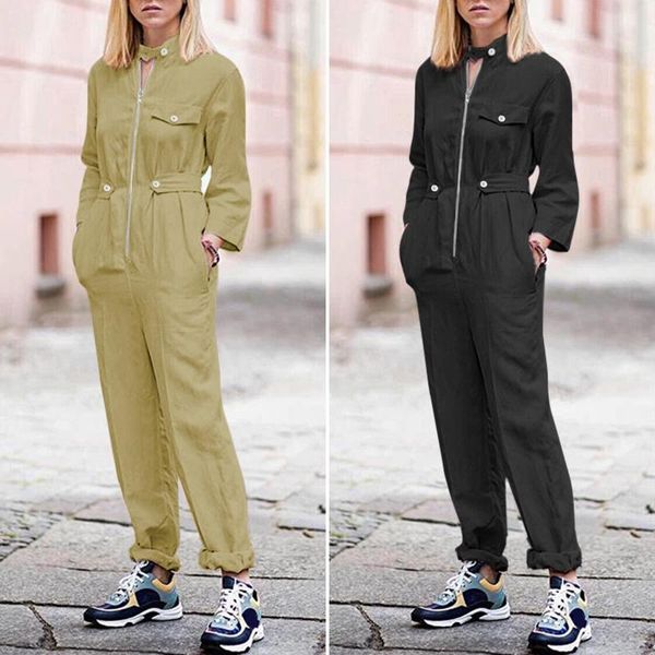 

long jumpsuits celmia women fashion zipper buttons vintage work cargo overalls long sleeve elegant casual romper solid playsuits, Black;white