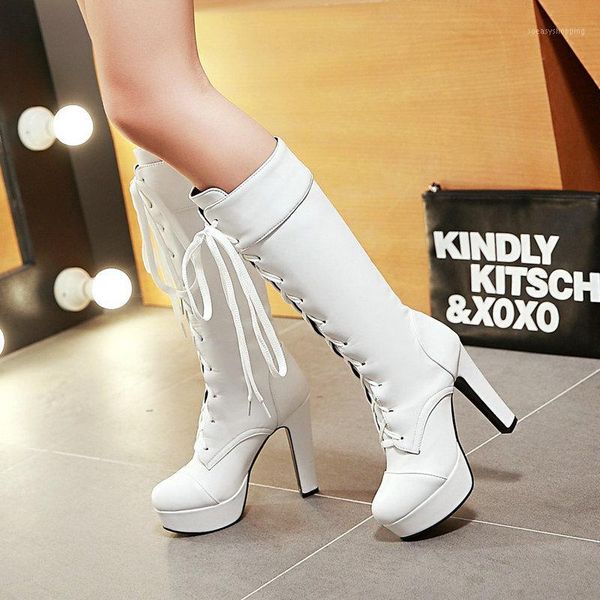 

pu leather fashion women mid calf boots platform square high heel women boots lace up winter ladies shoes black white beige1