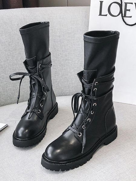 

boots women zapatos de mujer round toe botas mujer lace up ladies shoes low heels black boots midÂ calfÂ boots back zipper