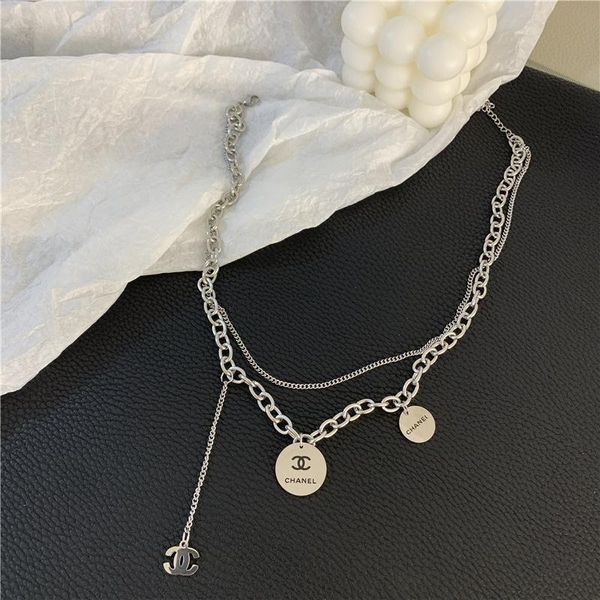

harajuku wind with a standard double-layer temperament necklace net red female tide titanium steel stainless steel pendant collarbone chain, Silver