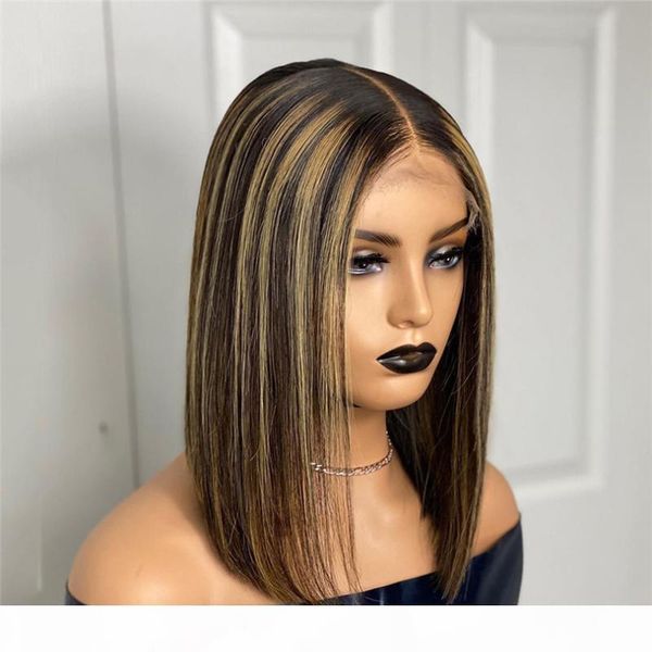 

5x5 pu silk base wig straight highlight short bob wig lace front human hair wigs with baby hair middle part, Black;brown