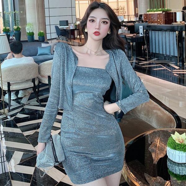 

autumn shiny long-sleeved cardigan short coat tube dress fashion two-piece suit female1, White