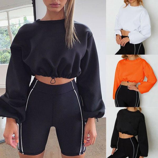 

vsllwq осень женщины hoodie crop top fashion soild с длинным рукавом толстовка обрезанные jumper 2020 новый пуловер с капюшоном, Black