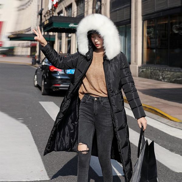 

women parkas fur collar winter hooded warm coat slim cotton padded basic jacket female casual long outwear feminina 2021, Black