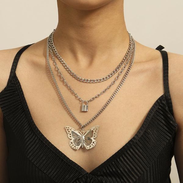 

kpop punk silver color thick chain hollow butterfly lock pendant necklace for women 2020 fashion statement layered chain collar