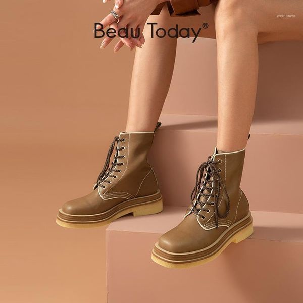 

beautoday ankle boots platform women genuine cow leather motorcycle boots lace-up round toe winter ladies shoes handmade 023651, Black