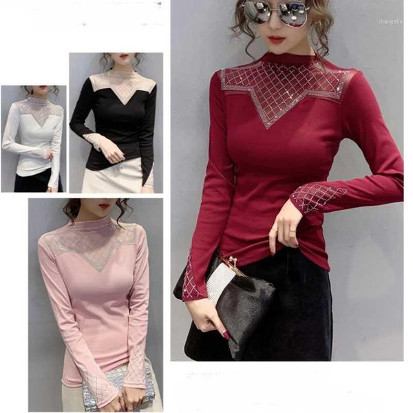 

new spring lace patchwork blouse women fashion office lady plus size mesh long sleeve bottoming clothing ladies1, White