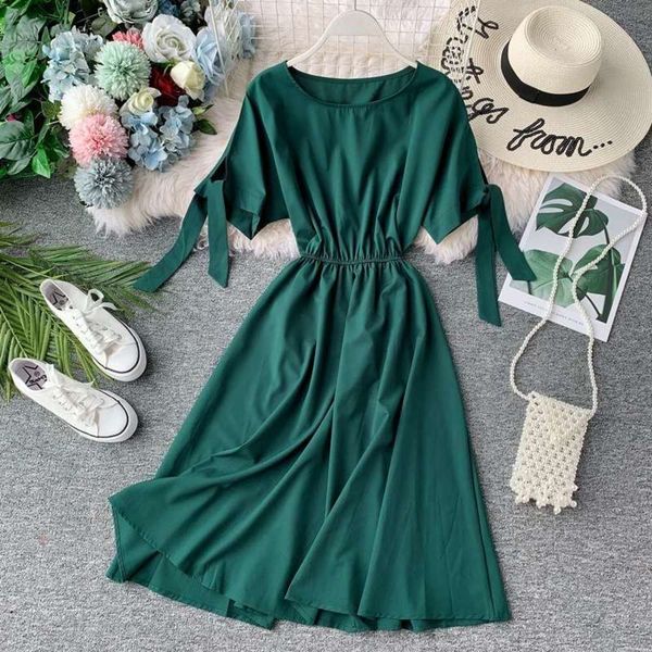 

long solid color medium platycodon new french love gentle wind short dress big swing skirt, Black;gray