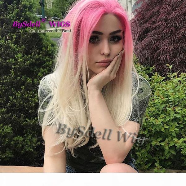 

22'' long silky natural straight mermaid cosplay wig synthetic two tone pastel pink ombre blonde color none lace lace front wig, Black