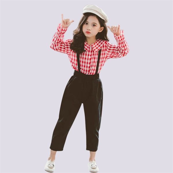 

kids clothes plaid shirt & jumpsuit girls outfits flare sleeve suits girl school autumn casual children's suits for teen girls y200325, White