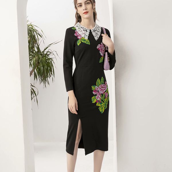 

spring new retro ethnic style embroidered soluble water long-sleeved hollow flowers thin temperament in medium length 920g, Black;gray