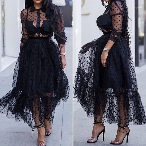 

women's spring patchwork sundress maxi fashion transparent shirt dress zanzea casual long sleeve polka dot vestidos lapel mesh r1, Black;gray