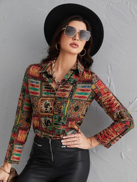 

patchwork print button front blouse p5bo#, White