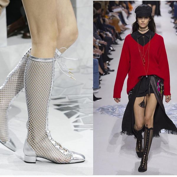 

boots summer black silver suede mesh women square toe hollow cross lace-up low heel long lady fashion knee