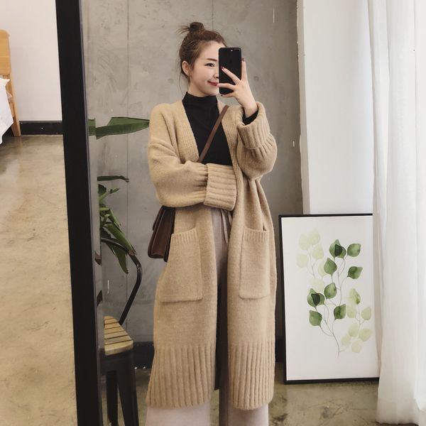 

autumn and winter new mid length over knee t-shirt design sense knitted cardigan women's lazy sweater coat