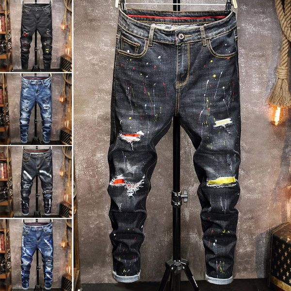 

men's jeans drop biker distressed stretch ripped men hip hop slim fit holes punk denim cotton pants, Blue