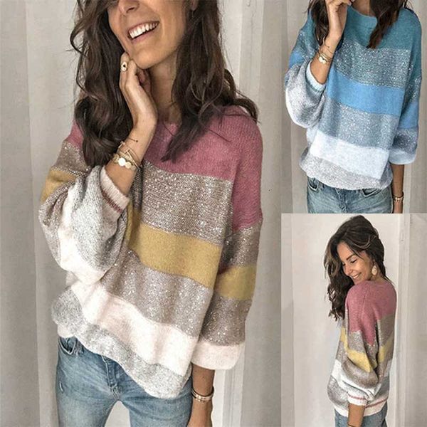 

2020 casual stripe knitted loose color contrast round neck pullover korean street style women's sweater winter, White;black