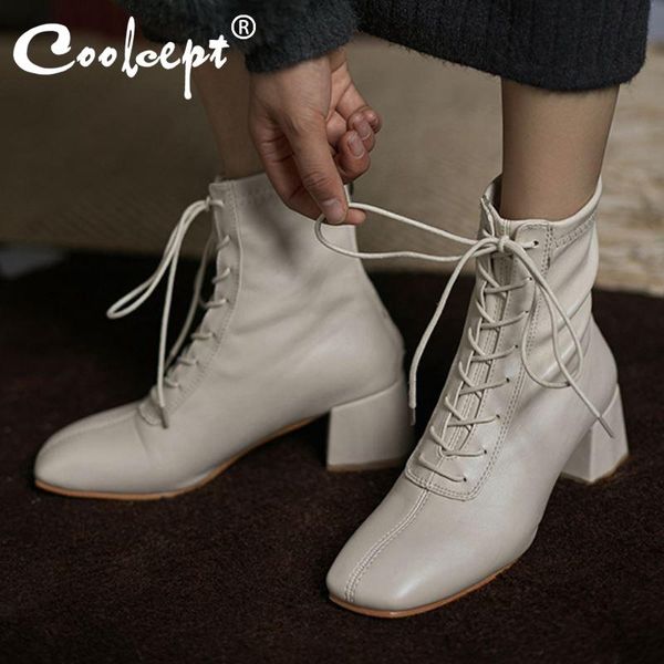 

boots coolcept women ankle cross strap thick heel square toe shoes zipper warm fashion party footwear size 34-39, Black