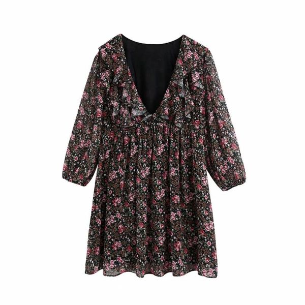 

casual dresses women vintage printing v-neck cascading ruffle mini dress femme lantern sleeve lady loose clothes d6267, Black;gray