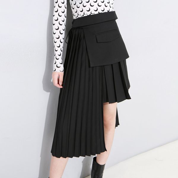 

eam] high waist purple pleated bandage split joint asymmetrical half-body skirt women fashion tide new spring autumn 2020 jh351 q1209, Black