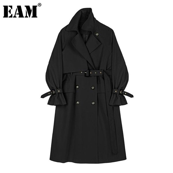 

women's trench coats [eam] women black double breasted big size lapel long sleeve loose windbreaker fashion spring autumn 2021 1dd2990, Tan;black