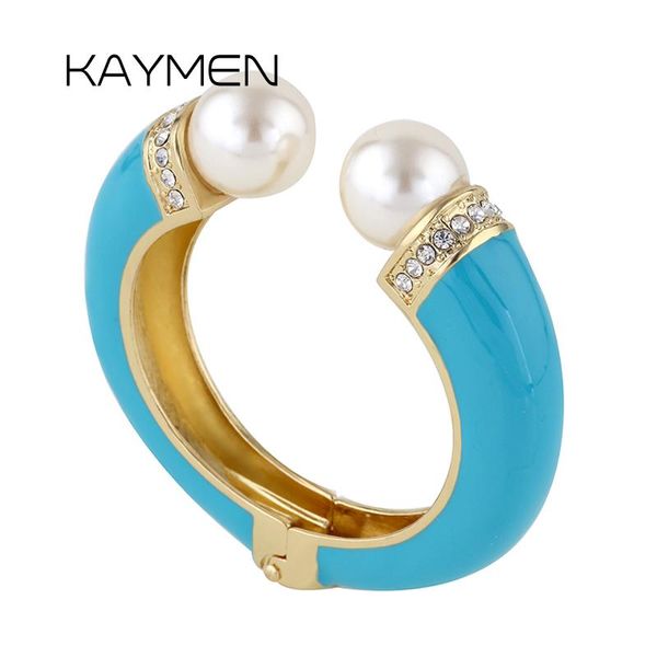 

bangle kaymen fashion women 6 colors double imitation pearls and rhinestones enamels bracelet statement br-03155 wholesale, Black