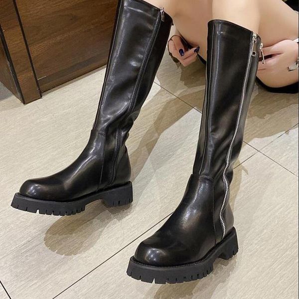 

knee-high boots flat pu zipper boots women women shoes woman round toe 2020 autumn new style comfortable d594, Black