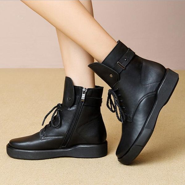 

black flat bottom boots thick bottom thick heel lace-up women's shoes low tube solid color round toe fashion side zipper women's b