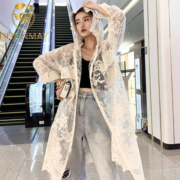 

2020 summer new mesh lace embroidery coat sun protection shirt seaside vacation lace-up long cardigan coat hooded women zip1, Black;brown