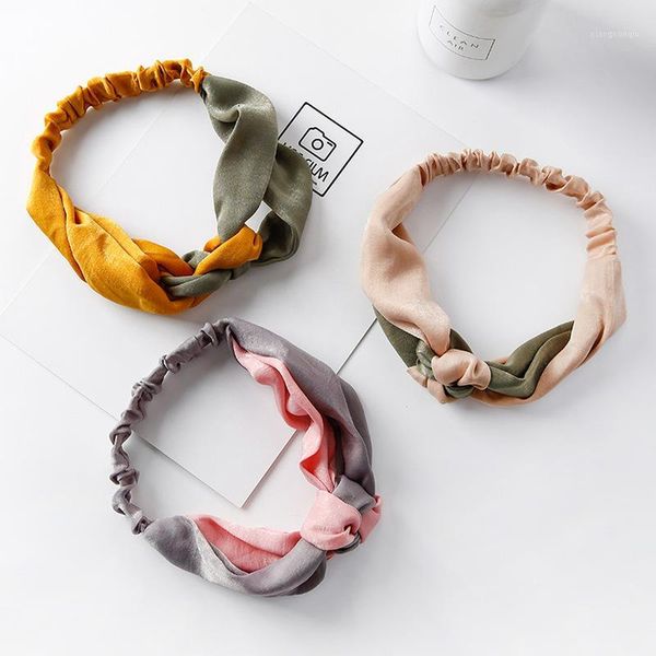 

korean simple sweet stitching knot wide-brim cross retro satin middle knotted color headband for women fashion hair accessories1, Slivery;white