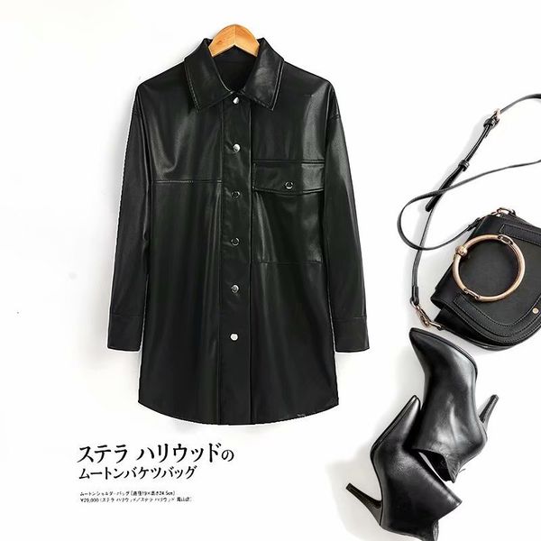 

2021 new spring autumn pu women leather thin shirt coat fashion streetwear black female jacket esthetic gothic vintage outfit nvqh