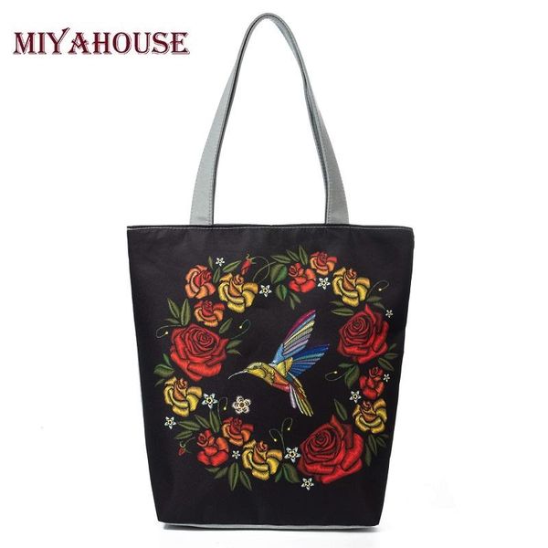

miyahouse birds and floral printed beach bag female shopping bag women casual canvas tote handbags embroidery shoulder bags