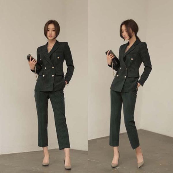 

2 piece set women korean style striped suit professional suit two-piece pants blazer women suits for, White
