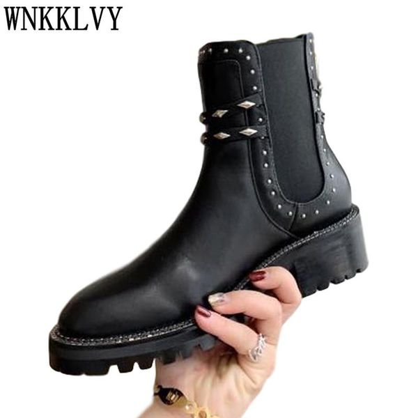 

new genuine leather boots women thick bottom metal rivet decor ankle botas handsome motorcycle short boots autumn shoes, Black