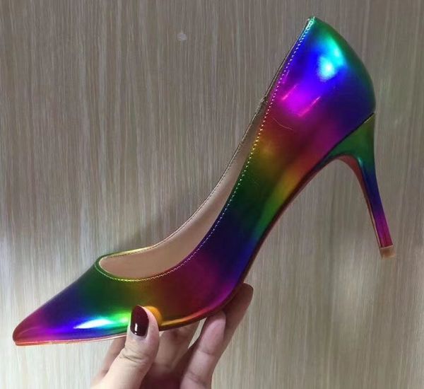 

new style 2021 women spring fashion leather high heels colourful color wedding shoes pointed high heels, Black