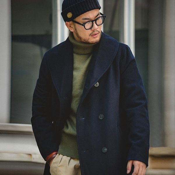 

mens jacket wool coat american retro mid-length double-breasted navy woolen coat 2020 new thick woolen jacket winter men, Black