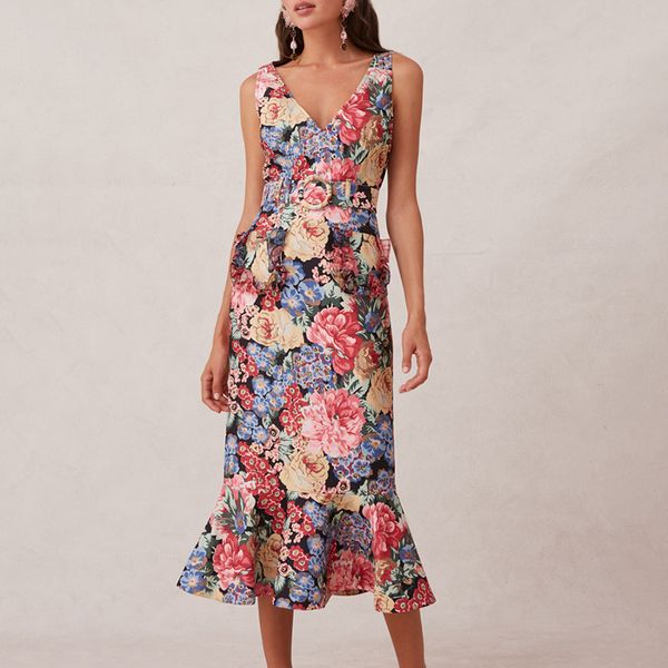 

fashion brand 2020 spring new retro style waist slimming flower v-neck strap sleeveless fishtail dress for women, White;black